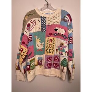 80s Northern Isles Patchwork Goose Sheep Coquette Cottage Kawaii Kei Sweater XL